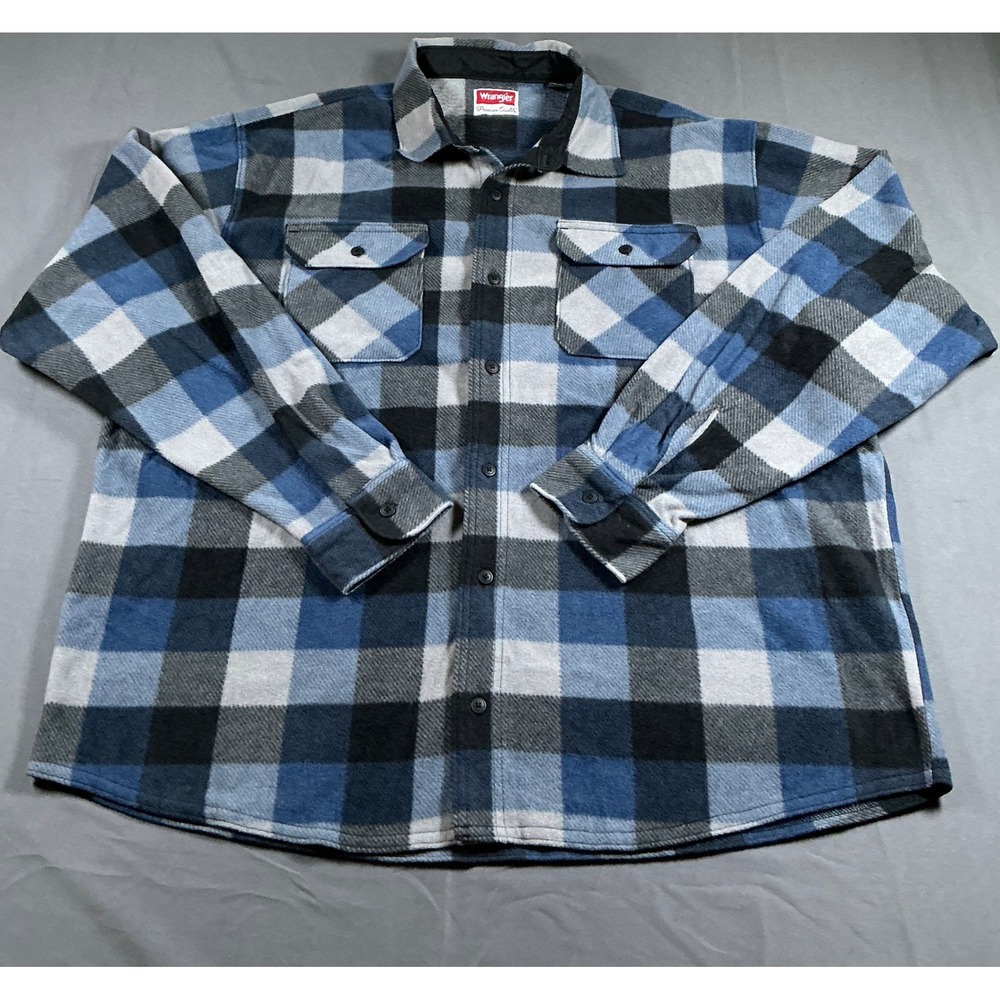 Wrangler Mens XXL Blue Plaid Fleece Button Up Shirt HZP1HKB Long Sleeve Jacket